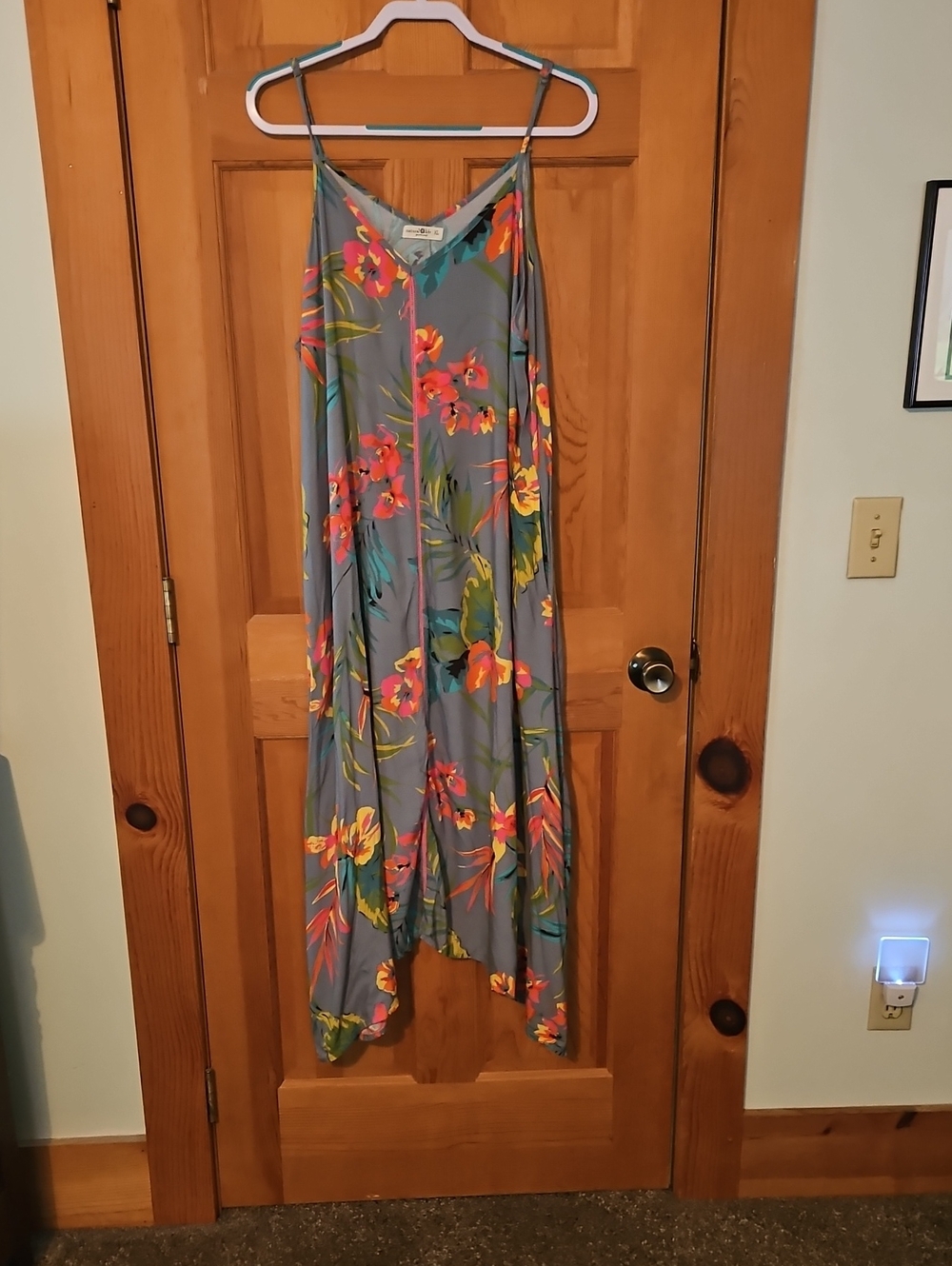 Grey Floral Slip Dress with Coral & Teal Blooms